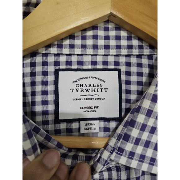 Charles Tyrwhitt Purple And White Gingham Button Down Non Iron Collared Shirt... - Picture 5 of 5